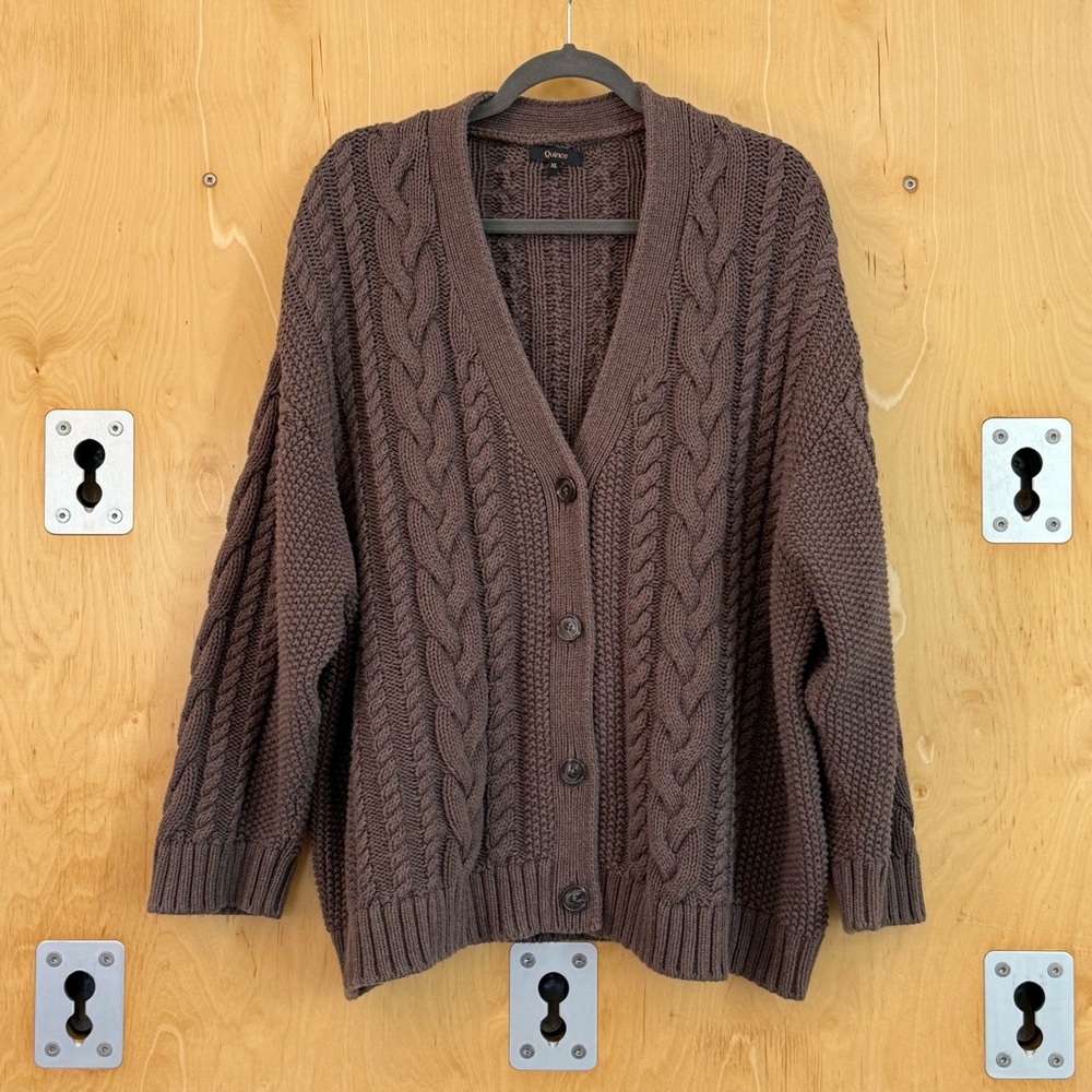 Quince Brown Cable Knit Cardigan with Intricate Braided Textures